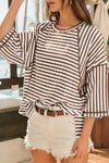 Women's Relaxed Fit Brown Striped Knit Top with Split Hem & Half Sleeves - Effortless Casual Style for Everyday Wear