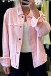 Trendy Women's Light Pink Loose Denim Jacket with Rhinestone Accents and Raw Edge for Casual Style