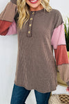 Stylish Women's Color Block Long Sleeve Henley Top in Cozy Twisted Ribbed Fabric with Trendy Exposed Seams