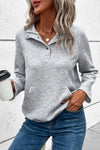 Cozy Women's Light Grey Textured Knit Sweatshirt with Buttoned Detail & Kangaroo Pocket for Casual Chic Style
