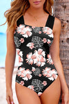 Trendy Women's Black Floral Ruched One-Piece Swimsuit with Square Neck - Flattering Control Fit for Summer Beach Fun