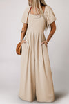 Women's Apricot Smocked Wide Leg Jumpsuit with Short Bubble Sleeves - Trendy, Comfortable Fit for Casual Outings