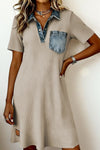 Casual Chic Women's Beige Ribbed Knit Polo Dress with Denim Patchwork – Short Sleeve, Comfortable Fit for Everyday Wear