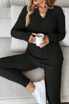 Cozy Women's Black Ribbed Knit Lounge Set with Notched Neck Long Sleeve Top & Leggings for Ultimate Relaxation