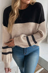 Chic Women's Parchment Color Block Drop Shoulder Sweater - Cozy Long Sleeve Top for Effortless Style and Comfort