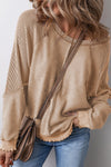 Cozy Women's French Beige Waffle Knit Raglan Sweatshirt with Stylish Patchwork Design for Casual Comfort