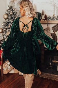 Blackish Green Textured Velvet Square Neck Bubble Sleeve Plus Mini Dress