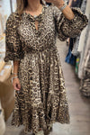 Elegant Women's Khaki Leopard Print Maxi Dress with Puff Sleeves, Bow Knot Neckline, and Ruffled Hem