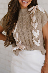 Cozy Women's Taupe Colorblock Cable Knit Sweater with Satin Bow - Short Sleeve Casual Fashion Top for Effortless Style