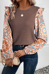 Women's Coffee Floral Ruffled Sleeve Blouse - Stylish Patchwork Waffle Knit Top with O Neck for Casual Elegance