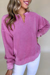 Cozy Bright Pink Drop Shoulder Sweatshirt for Women - Stylish Notched Neck Design for Everyday Comfort