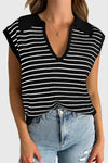 Chic Women's Black Striped V-Neck Sweater Tank Top - Stylish & Comfortable for Effortless Casual Looks