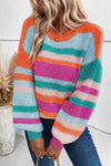 Cozy Women's Multicolor Striped Knit Sweater with Drop Shoulders and Puff Sleeves - Chic Casual Style for All Seasons