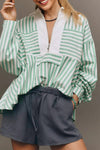 Women's Casual Chic Green Stripe Half Zip Long Sleeve Swing Top - Comfortable Everyday Style for Effortless Fashion
