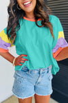 Women's Oversized Light Blue Color Block Top with Stitching Detail and Round Neck - Trendy Casual Style