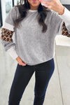 Women's Gray Leopard Print Colorblock Ribbed Knit Top - Stylish Casual Wear with Trendy Patchwork Design
