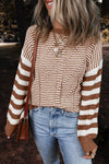 Stylish Women's Brown Striped Geometric Drop Shoulder Sweater for Cozy Comfort and Effortless Chic Looks