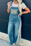 Stylish Women's Peacock Blue Floral Patchwork Wide Leg Denim Overalls - Comfortable Fashion for Casual Outings
