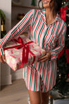 Cozy Women's Pink Stripe Long Sleeve Christmas Lounge Dress - Casual Holiday Style for Ultimate Comfort