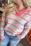 Chic Plus Size Women's Pink Striped Sweater with Contrast Polo Collar & Drop Shoulder for Effortless Style