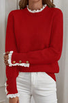 Cozy Women's Racing Red Loose Sweater with Lace Trim & Buttoned Cuffs - Chic Patchwork Knit for Effortless Style