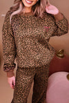 Stylish Women's Coffee Leopard Print Long Sleeve Top and Pants Set - Cozy Contrast Trim Loungewear Ensemble