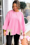 Trendy Women's Pink Floral Bow Sweatshirt with Slit & Exposed Seams, Baggy Fit for Casual Chic Looks