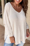 Women's Relaxed Fit White Waffle Knit V-Neck Top with Side Slits - Effortless Casual Shirt for Stylish Everyday Wear