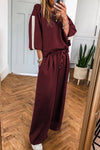 Burgundy Women's Casual Varsity Striped 3/4 Sleeve Pullover & Drawstring Sweatpants Set for Ultimate Comfort