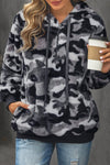 Cozy Women's Gray Camo Furry Pullover Hoodie – Stylish Comfort for Casual Outings and Relaxing at Home