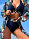 Navy Blue Tropical Print Halter Bikini Set with Cover Up - 3 Piece Ensemble