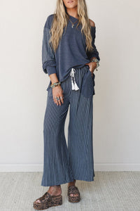 Teal Women's Casual Patchwork 2-Piece Set: Long Sleeve Pocket Top & Comfortable Pants for Effortless Everyday Style