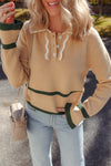 Chic Light Beige Women's Sweater with Ruffled Sleeves, Contrast Trim & Buttoned Collar for Effortless Layering