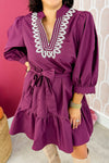 Plus Size Violet V-Neck Mini Dress for Women with Lace Trim, 3/4 Sleeves, and Chic Contrast Detail for Effortless Style