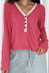 Stylish Women's Racing Red Ribbed Long Sleeve V-Neck Top with Lace Trim - Comfortable Everyday Wear for Casual Chic