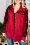 Trendy Women's Racing Red Sequin Patchwork Shacket with Double Chest Pockets – Stylish Layering Essential