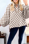Stylish Women's Khaki Oversized Hoodie with Checkered Patchwork & Tie Neck for Effortless Casual Chic