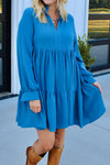 Plus Size Women's Blue Tiered Long Sleeve Dress with Split Neck & Collared Detail for Effortless Chic Style
