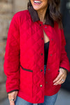 Cozy Women's Racing Red Quilted Color Block Winter Jacket with Snap Buttons and Pockets for Effortless Style