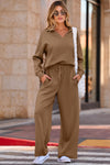 Stylish Women's Coffee V-Neck Top & High-Waisted Pants Set - Comfortable Casual Outfit for Everyday Wear