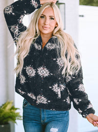 Western Black Aztec Sherpa Jacket with Zipper Collar