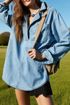 Trendy Women's Dusk Blue Oversized Denim Pullover with Exposed Stitching & Notched Collar - Chic Patchwork Top