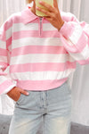 Effortless Casual Women's Pink Striped Sweater with Zipped Collar & Drop Shoulder for Ultimate Comfort and Style