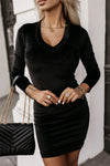 Chic Women's Black Velvet Bodycon Mini Dress with Long Sleeves and V-Neck – Perfect for Parties and Night Out