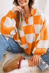 Women's Casual Grapefruit Orange Checkered Sweater with Polo Collar – Relaxed Fit Knit Top for Everyday Style