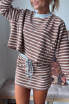 Trendy Women's Brown Striped Cropped Long Sleeve Top with Drawstring Mini Skirt Set - Stylish Patchwork Outfit