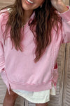 Casual Women's Pink Ribbed V-Neck Pullover Sweater with Raw Seams, Side Pockets, and Trendy Split Hem - Relaxed Fit