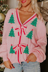 Cozy Women's Pink Striped V-Neck Sweater with Christmas Tree Print & Bow Detail - Baggy Fit for Festive Holiday Style