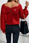 Trendy Women's Racing Red V-Neck Sweater with Lantern Sleeves & Knot Back - Cozy, Stylish Fit for Every Occasion