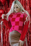 Chic Women's Multicolor Checkered Sweater with Heart Detail - Cozy Knit for Casual Style and Comfort